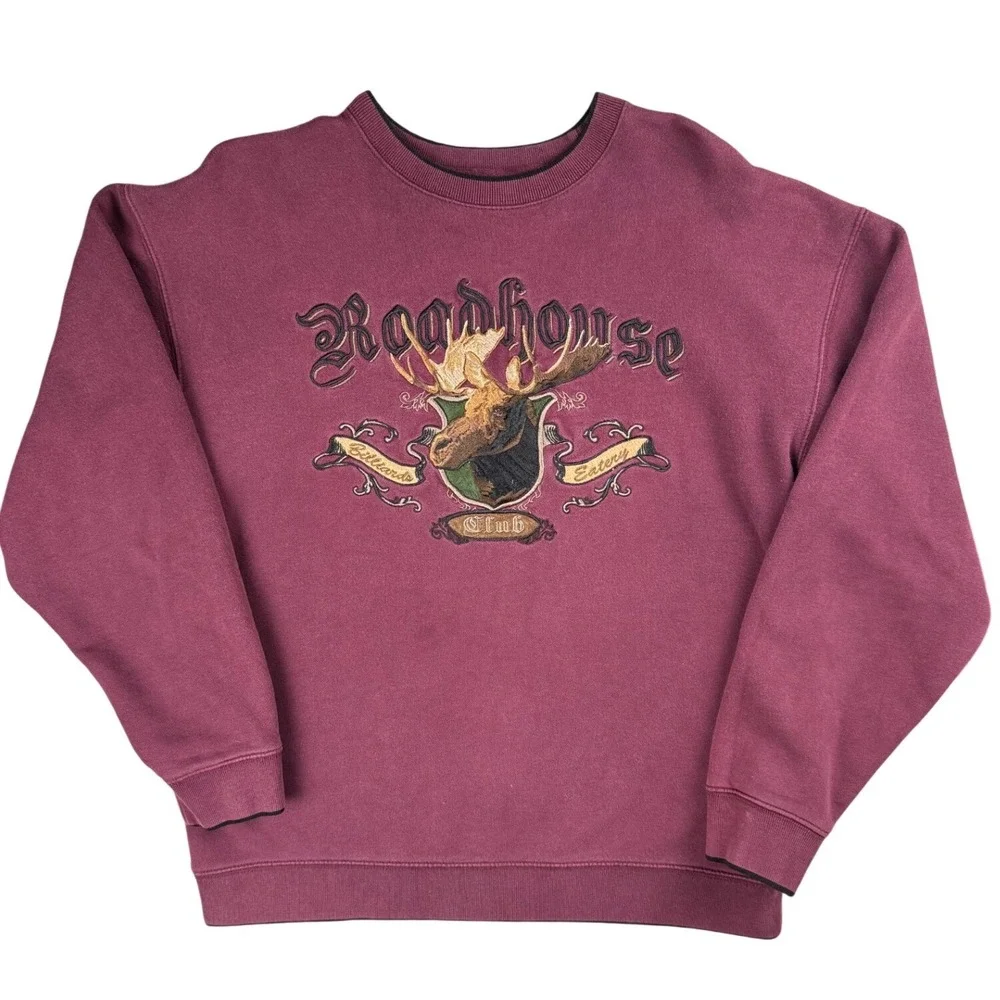 Vintage Roadhouse Moose Sweatshirt Burgundy Embroidered Outdoors Crewneck‎ L